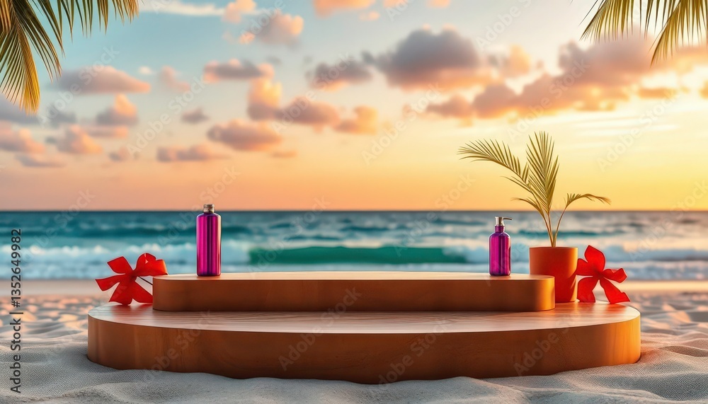 Obraz premium Premium product display on beach podium, ocean horizon background, peaceful, serene