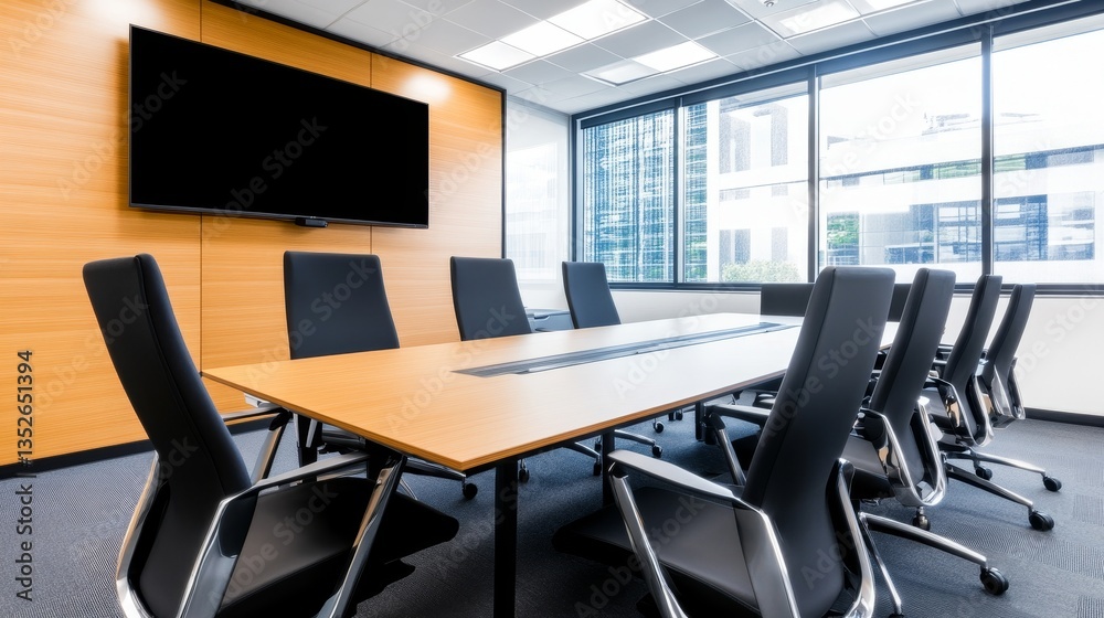 Modern conference room with a large table, chairs, and a screen, overlooking a city view Modern conference room with a large table, chairs, and a screen, overlooking a city view