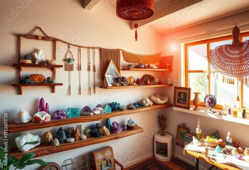 Wallpaper Mural Sunlit boho room, vibrant crystals & stones arranged on rustic wooden shelves, bright, shelf Torontodigital.ca