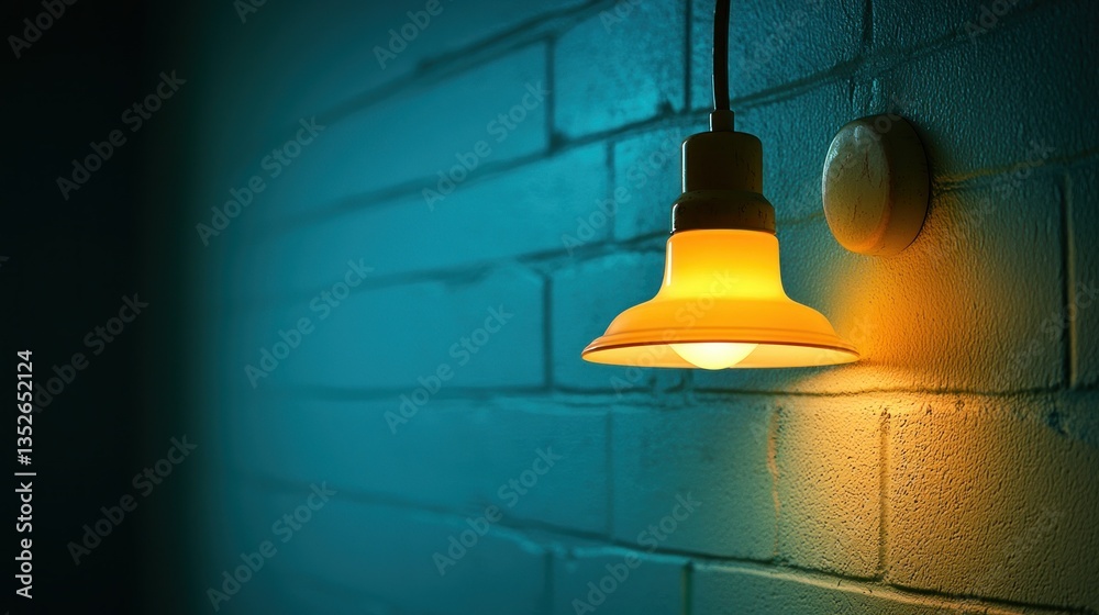 Obraz premium Warm lamp glows on textured brick wall against cool background