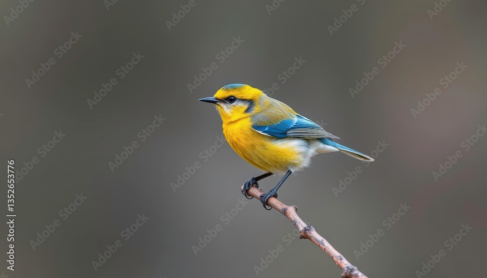 Tiny yellow bird, blue wings, perched on branch, blue, spring Tiny yellow bird, blue wings, perched on branch, blue, spring