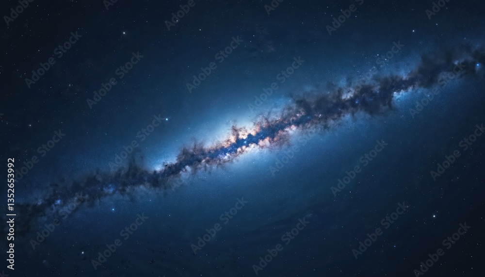 Naklejka premium Milky Way galaxy illustration. Countless stars glow against dark sky. Space exploration, astronomy, cosmology, infinite universe. Galactic center, cosmos. Night sky, starlight, cosmic phenomena.
