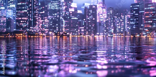 Illuminated city skyline reflected in tranquil water at dusk or dawn