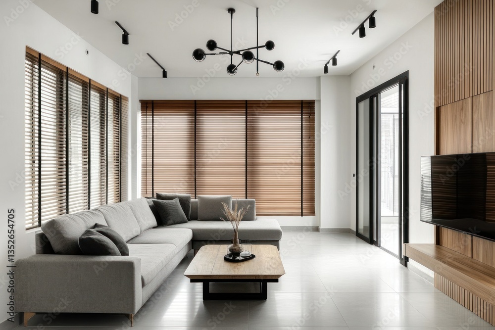 Fototapeta premium Modern living room interior with a sofa and wooden features present