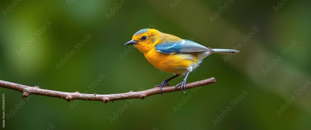 Obraz premium Tiny yellow bird, blue wings, perched on branch, bird on branch, nature