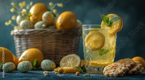 Refreshing Lemonade Drink With Lemons and Cookies on a Blue Background