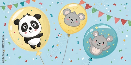 Adorable Panda and Koala Bear Balloons Floating Around a Personalized Birthday Flyer.