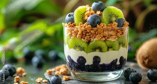Delicious Layered Dessert With Yogurt, Kiwi, Blueberries, and Granola in a Br...