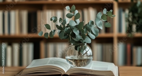 Eucalyptus Arrangement Beside an Open Book in a Cozy Reading Space at Home