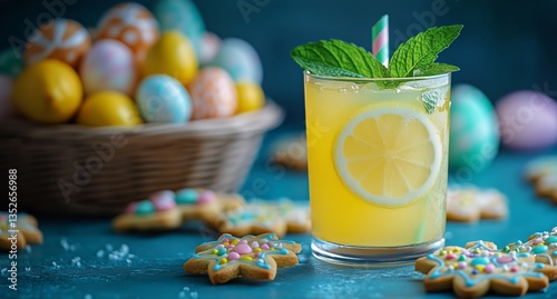 Refreshing Lemonade With Lemon Slices and Decorated Cookies by Colorful Easte...