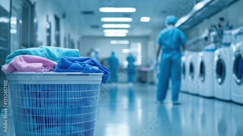 Hospital laundry room with medical staff and clean uniforms in baskets