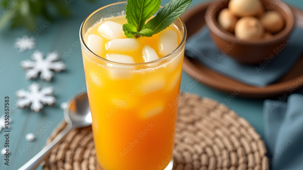 Refreshing orange juice with mint, set in a cozy winter scene with cool tones and natural textures. Refreshing orange juice with mint, set in a cozy winter scene with cool tones and natural textures.