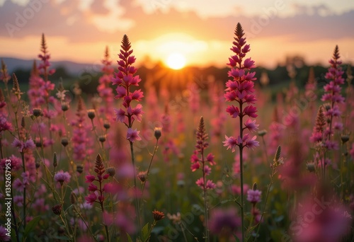 Beautiful Pink Flowers Sunset Meadow Summer Nature Landscape Photography Warm Soft Bloom Field Light