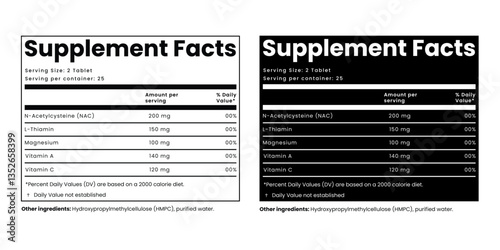 Supplement facts, nutrition facts and vitamin facts template