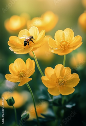 Bumblebee Gathering Nectar From Vibrant Yellow Flowers in a Bright Garden Set...