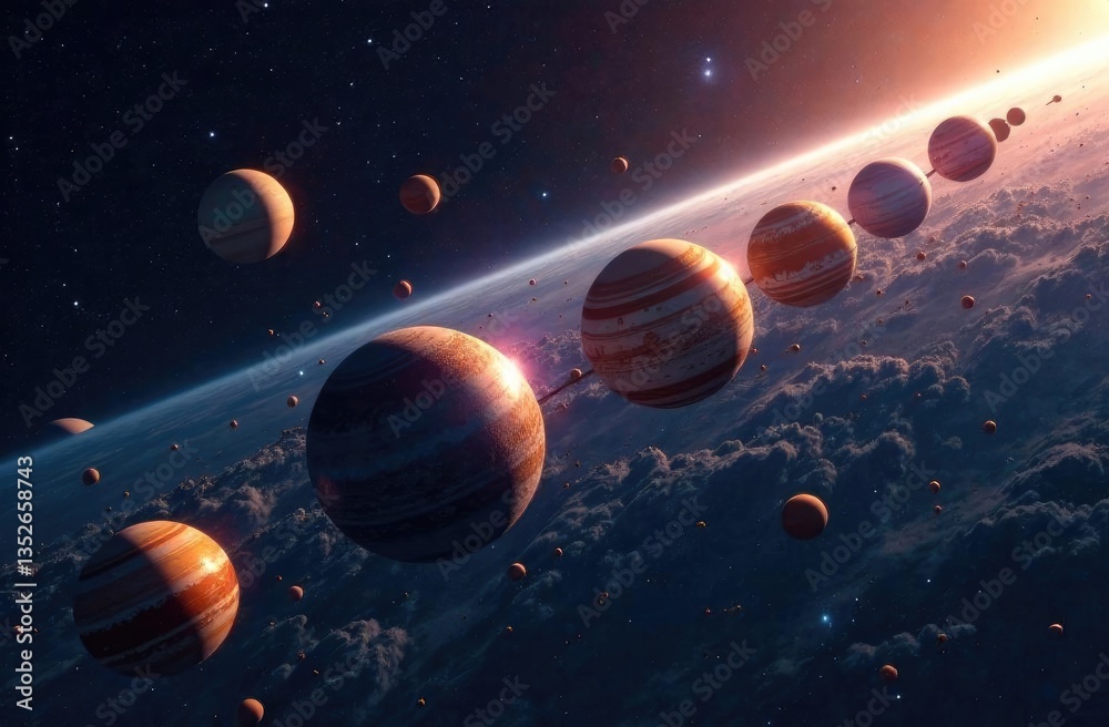 custom made wallpaper toronto digitalIllustration of space. Planets lined up in a starry sky.