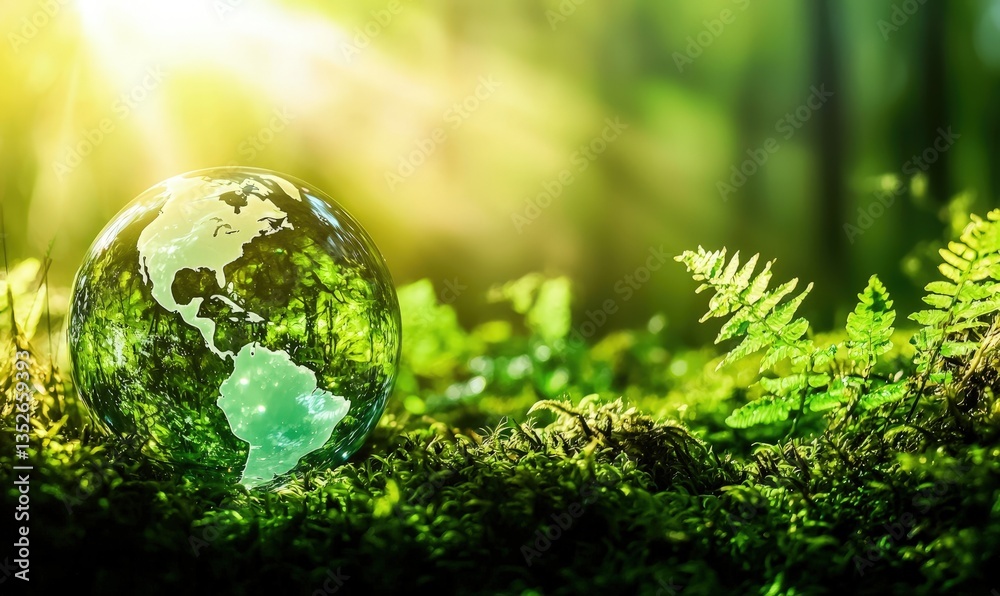 Glass Earth globe resting on moss and ferns in glowing sunlight, representing sustainability, green energy, biodiversity, nature conservation, and ecological harmony Glass Earth globe resting on moss and ferns in glowing sunlight, representing sustainability, green energy, biodiversity, nature conservation, and ecological harmony
