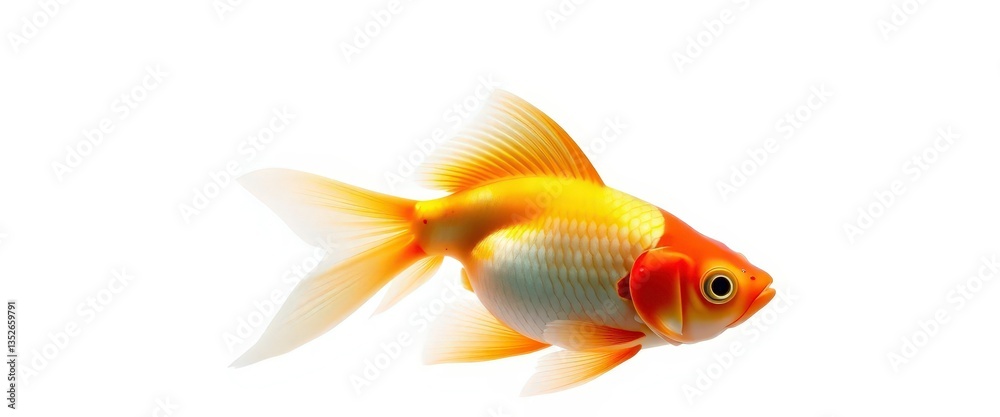 Fototapeta premium Single vibrant goldfish isolated on pure white background, aquatic life, cyprinid
