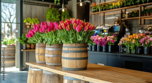 Wallpaper Mural Colorful Tulips Arranged in Wooden Barrels Inside a Vibrant Flower Shop in Springtime Torontodigital.ca
