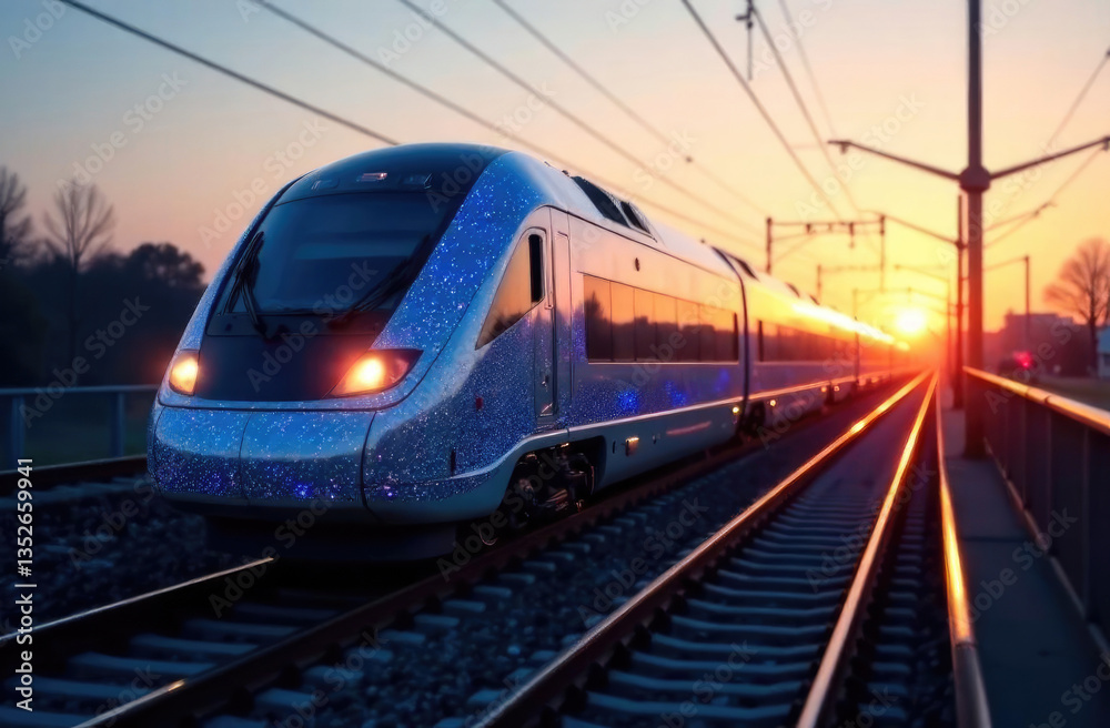 Fototapeta premium Modern train travels on the railway during sunset. Passenger transportation concept.