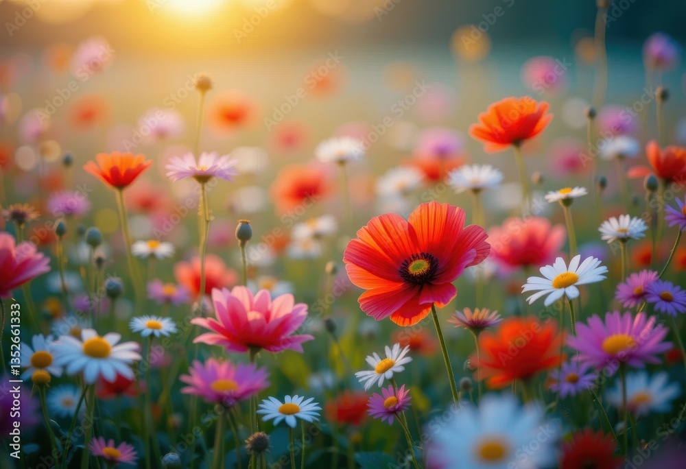 Vibrant Wildflower Meadow Sunset Summer Blooming Flowers Field Red Pink White Daisy Poppy Plant Vibrant Wildflower Meadow Sunset Summer Blooming Flowers Field Red Pink White Daisy Poppy Plant