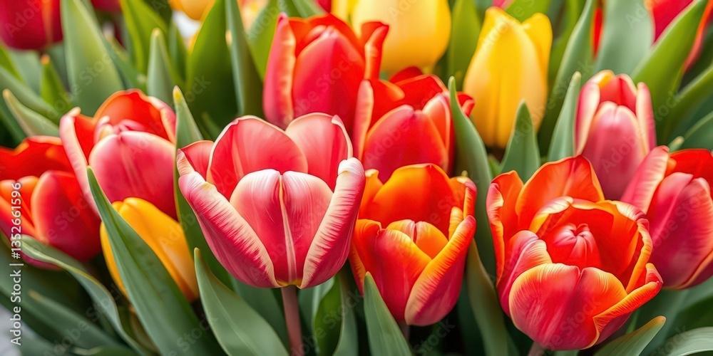 Vibrant watercolor tulips in red, pink, and yellow, lush green leaves, petals, art Vibrant watercolor tulips in red, pink, and yellow, lush green leaves, petals, art
