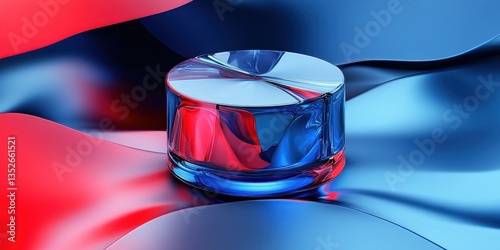 A shiny cylindrical object reflecting red and blue colors