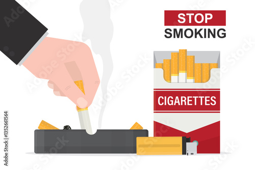 Smoker puts out cigarette in ashtray. Full cigarette pack. Bad addiction, tobacco and nicotine product. Smoking kills, unhealthy lifestyle. Stop smoking motivation banner.