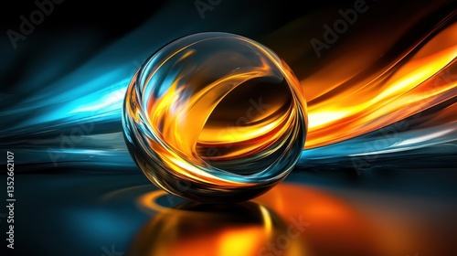 A transparent spherical object with swirling orange and blue reflections