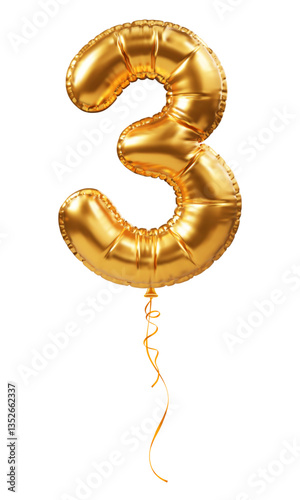 Golden foil balloon in form of number 3. Inflatable gold balloon, digit three, isolated. Festive decoration for birthday, anniversary or other holiday celebration. 3D realistic vector illustration