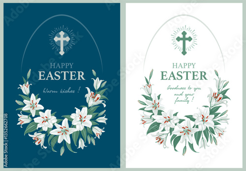 Happy Easter greeting card, banner, postcard template, vintage style. White lily flowers, christian cross and greeting text in the egg shaped frame on blue or white background. Vector illustration