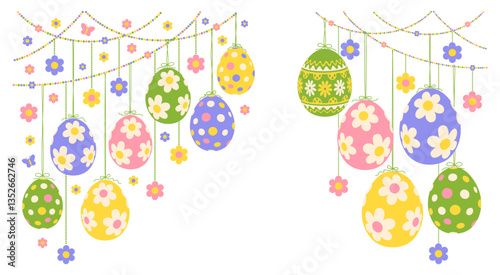 Cute Easter corner decorations set, garlands. Colored Easter eggs with various patterns, flowers hanging on threads with small bows. Minimalist vector illustration