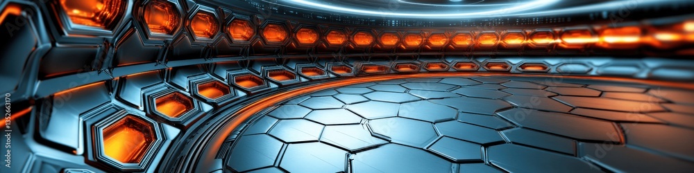 Futuristic Sci-Fi Interior: Advanced Technology in Circular Metallic Tunnel with Glowing Orange Lights and Hexagonal Patterns, Ideal for Virtual Reality Environments Futuristic Sci-Fi Interior: Advanced Technology in Circular Metallic Tunnel with Glowing Orange Lights and Hexagonal Patterns, Ideal for Virtual Reality Environments