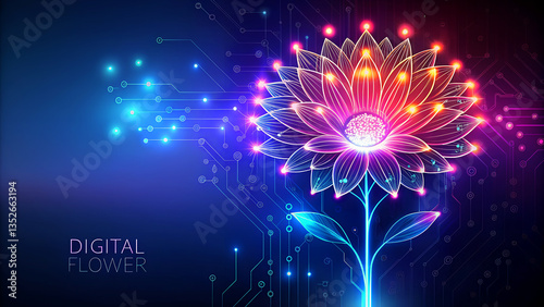 Futuristic Digital Flower with Luminous Petals and Intricate Circuits