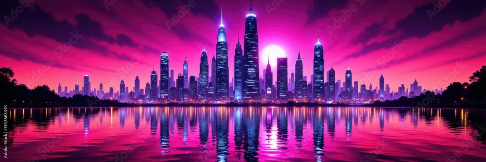 Fototapeta premium Futuristic city skyline with glowing purple lights and dramatic reflections over calm water, neon sci-fi vibe at twilight 