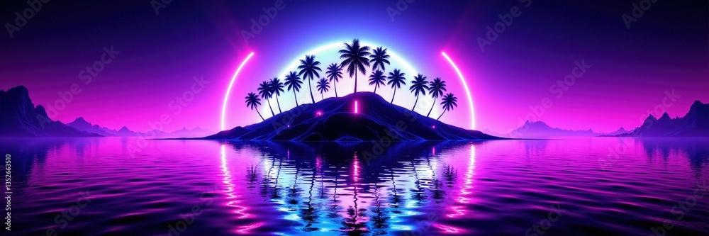 Naklejka premium Futuristic neon island silhouette with palm trees reflected symmetrically in calm water against a vibrant backdrop