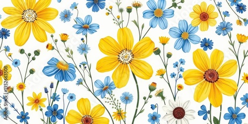 Whimsical hand-painted floral pattern; yellow & blue wildflowers on white background , seamless, pattern