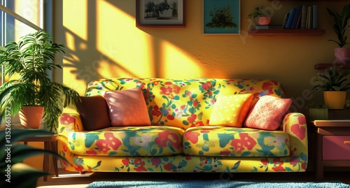Bright Floral Couch in a Sunlit Living Room With Plants