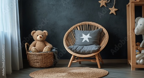 Cozy Corner With a Rattan Chair and Plush Toys in a Childs Room
