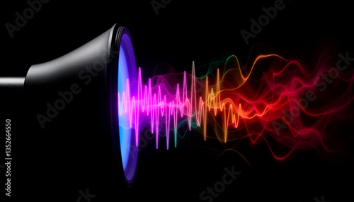 Sound wave visualization with speaker, for audio equipment ads, social media posts about music, illustrations for tech news, app backgrounds