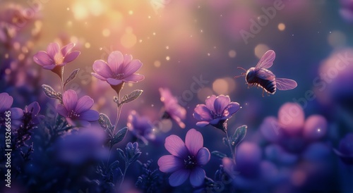 Close-up View of a Bee Collecting Pollen From Vibrant Purple Flowers During G...