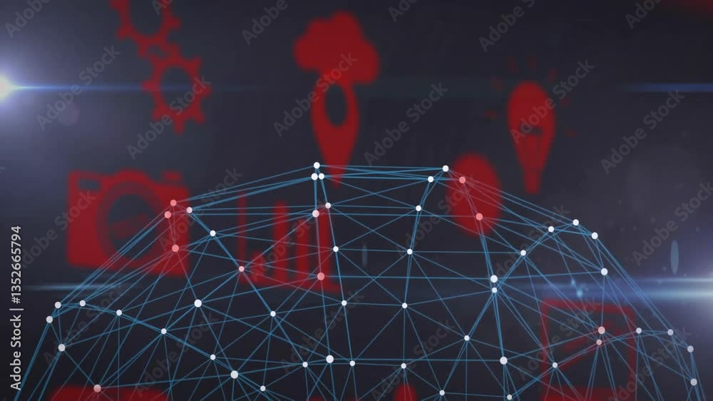 Network of connections and data processing animation over red technology icons