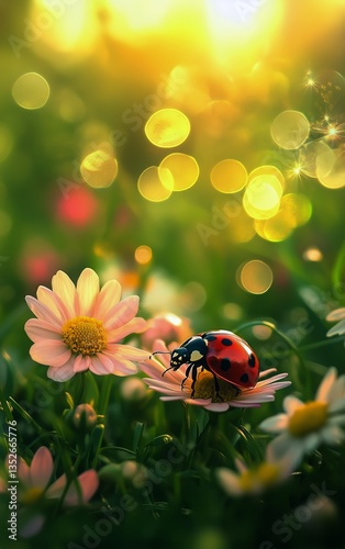 Ladybug on Pink Flowers in a Sunlit Garden During Golden Hour