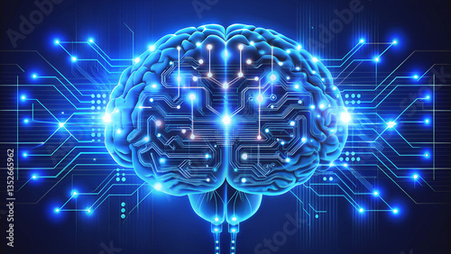 Futuristic Digital AI Brain with Neon Blue Glow, Intricate Electronic Circuitry, Data Streams, Advanced Technology, Artificial Intelligence, Modern Design