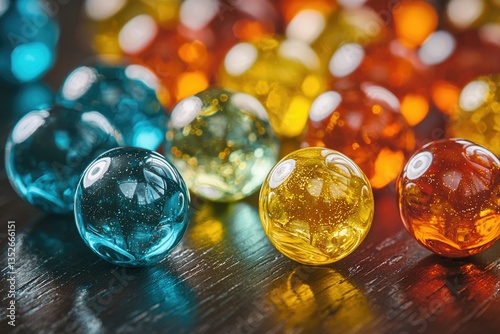 Colorful glass marbles scattered on a dark surface, reflecting light.