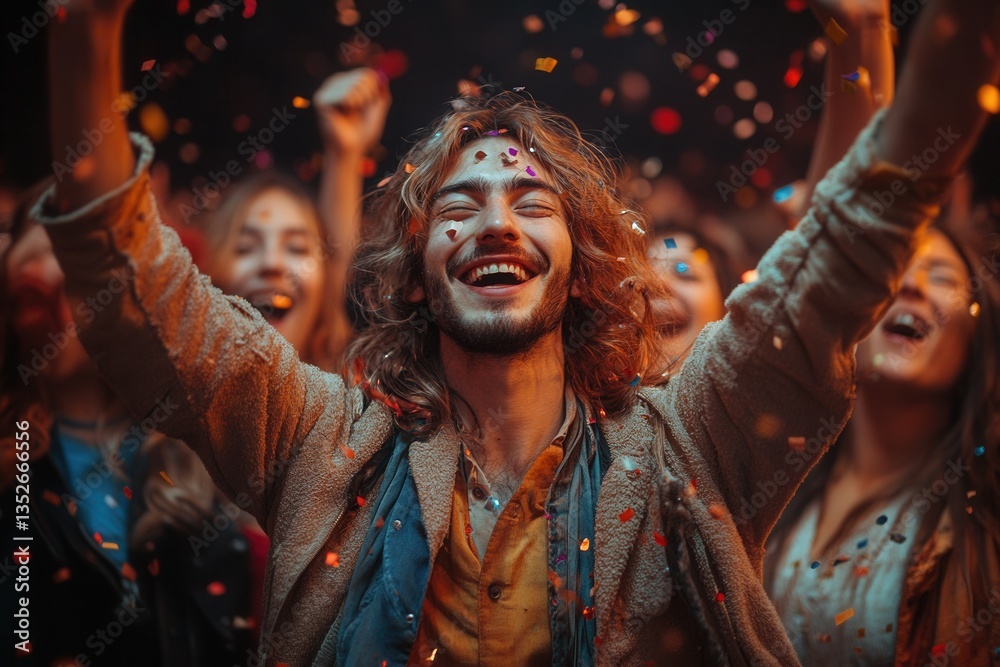 Obraz premium Happy crowd celebrating at a vibrant festival filled with confetti and joyful expressions in an evening atmosphere