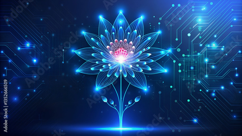 Futuristic Digital Flower with Luminous Petals and Intricate Circuits