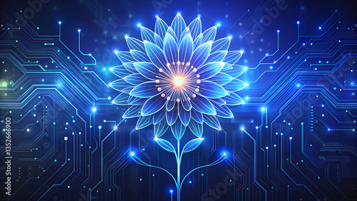 Futuristic Digital Flower with Luminous Petals and Intricate Circuits