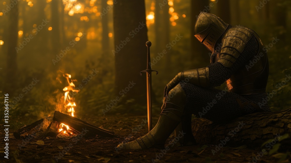 Fototapeta premium A medieval knight in armor sitting beside a campfire in a forest during sunset.