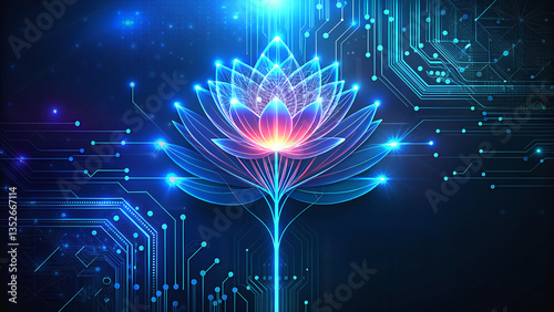 Futuristic Digital Flower with Luminous Petals and Intricate Circuits